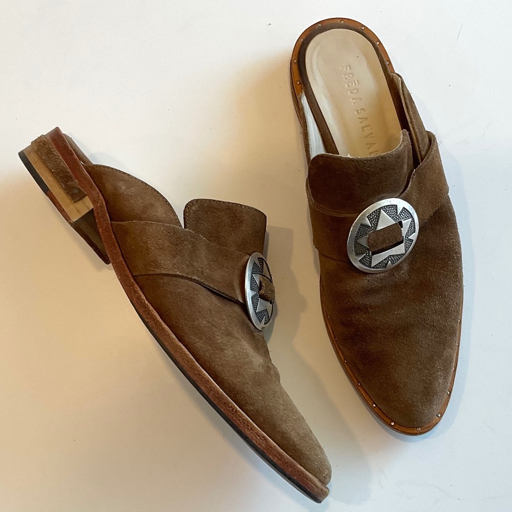 FREDA SALVADOR  Keen Bolo Suede Mules Brown Size 6.5